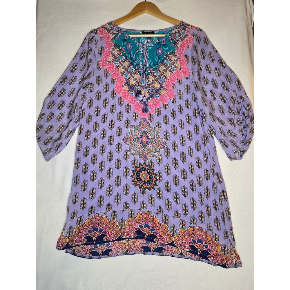 Tolani Silk Tunic Purple Boho Paisley Tassel 3/4 Sleeve Medium